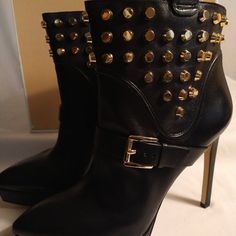 (** ** F I N A L S A L E ** **) (**Brand New & Never Worn**) Brand: Michael Michael Kors Color: Black/Goldtone Hardware Size: 9.5b Usa Michael Michael Kors 'Brynn' Black 100% Leather Platform Boot With Almond Toes, Goldtone Studded Shaft And Decorative Front Buckle Detailing 4.5 Inch Stiletto Heel With 1.25 Inch Platform Leather Upper Leather Sole *Original Box & Packaging Included (**Brand New & Never Worn**) (** ** F I N A L S A L E ** **) Black Wedge Ankle Boots, Michael Kors Rain Boots, Michael Kors Slip On, Michael Kors Boots, Platform Heels Boots, Suede High Heels, Wedge Ankle Boots, Studded Boots, Black Ankle Booties