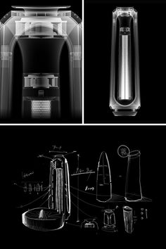 three different views of an object in black and white