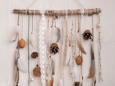 a wall hanging with feathers, pine cones and beads on it's side next to a white wall