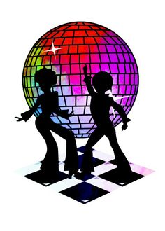 two people are dancing in front of a disco ball