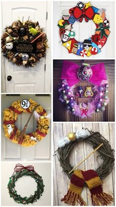 various wreaths and decorations on the front door