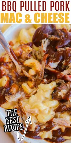 the best bbq pulled pork mac and cheese is in a white bowl with a spoon