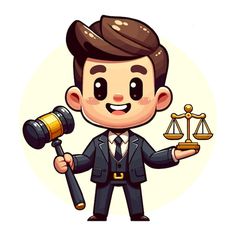 a man in a suit holding a judge's scale and a hammer