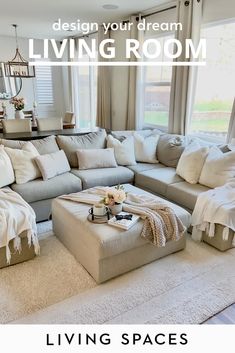 a living room filled with lots of white furniture and pillows on top of a rug