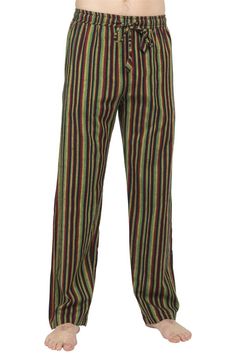 Description: Here's a pant that gives you both comfortability and style, perfect for lounging or Rasta look. The fabric is light and soft and the pants have a wide leg and elastic waist with a drawstring for an ultra comfortable and relaxed fit. With plenty of pockets to hold your accessories and a rasta stripe design, you can rock the season with a look that has all the right vibes. Details: Construction: 100% Cotton Small: Length-41.5 I Waist-13 I Hip-21.5 I Bottom-8.5 I Inseam-30 Medium: Leng Comfortable Harem Pants For Lounging, Green Wide Leg Lounging Pants, Green Wide Leg Pants For Lounging, Green Bottoms With Elastic Waistband For Lounging, Green Elastic Waistband Bottoms For Lounging, Casual Cotton Harem Pants For Relaxation, Comfortable Full-length Harem Pants For Loungewear, Comfortable Straight Leg Harem Pants For Loungewear, Comfortable Full Length Harem Pants For Loungewear