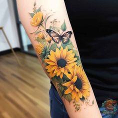 sunflowers and butterfly tattoo on the arm