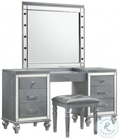 an image of a silver vanity with mirror and stool