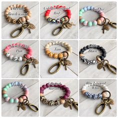 six different types of bracelets with charms on them and the names of each one