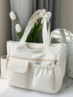 Blanco Casual,De moda Collar  poliamida Color combinado,Liso Bolsa tote bandolera Embellished Simple Tote Bag Design, Sac Tote Bag, Tote Bag With Pockets, Large Travel Bag, Vacation Bag, Simple Tote, Computer Bags, Shoulder Tote Bag, Shoulder Purse