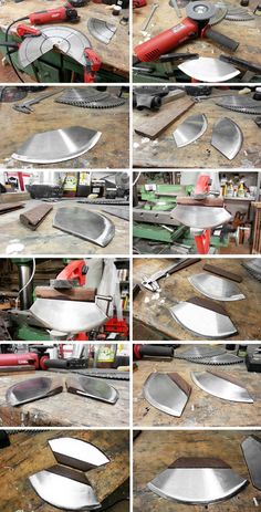 several pictures of different types of metal plates on a wooden table with tools in them