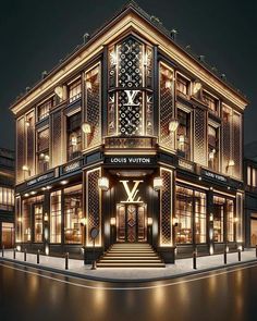 the louis vutton store is lit up at night