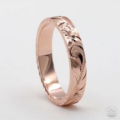 Rose Gold Wedding Rings In Hawaii Traditional design rose gold wedding rings made in Hawaii, perfect for couples who love Hawaii style design with classy look and feel. 100% handmade. Engraved with Hawaii's Plumeria flower and Maile leaf. Popular design as promise ring for couples. Handmade with 14K Rose gold. Ring width is 4mm. Lovin' Hawaii Jewelry Features Made to Order. Handmade in Hawaii. Hand engraved design. Gold Karat: 14 Karat Available Gold Color: Rose Gold / Yellow Gold / White Gold R Formal Rose Gold Engraved Ring, Rose Gold Engraved Diamond Cut Ring, Rose Gold Engraved Ring For Promise, Round Band, Rose Gold Polished Round Band Wedding Ring, Rose Gold Bands With Diamond Cut For Promise, Rose Gold Diamond Cut Promise Ring Bands, Rose Gold Diamond Cut Promise Ring, Rose Gold Promise Ring With Polished Finish, Rose Gold Wedding Ring With Polished Finish