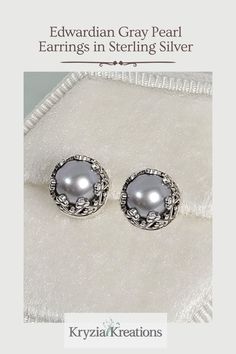 These vintage style gray pearl stud earrings radiate a bit of romantic mystery with their dove gray color and the intricate settings.   See and shop these Edwardian Gray Pearl Stud Earrings at www.KryziaKreationsStudio.com Vintage Silver Pearl Earrings For Formal Occasions, Antique Silver Pearl Earrings For Anniversary, Ornate Silver Pearl Earrings For Formal Occasions, Elegant Antique Silver Earrings As Gift, Elegant Antique Silver Jewelry, Victorian Silver Pearl Drop Earrings, Victorian Silver Pearl Earrings For Anniversary, Silver Victorian Pearl Earrings For Anniversary, Ornate Silver Pearl Earrings