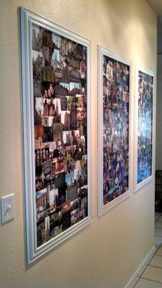 three pictures hanging on the wall in a hallway with tile flooring and white walls