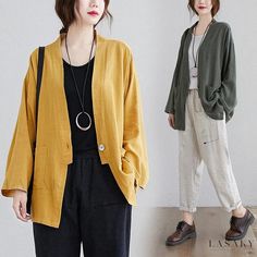 Lasaky - Cotton and Linen Loose-fit Casual Collar Long Sleeve Cardigan Jacket Casual Long Sleeve Relaxed Fit Blazer, Casual Yellow Blazer With Long Sleeves, Casual Green Long Sleeve Blazer, Casual Yellow Long Sleeve Blazer, Yellow Long Sleeve Casual Cardigan, Yellow Casual Cardigan With Pockets, Casual Yellow Cardigan With Pockets, Casual Outwear, Oversized Sweater Cardigan