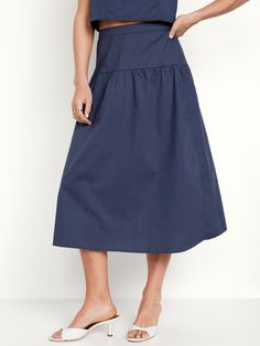 elasticized back waist shirred detail pull-on style sits at belly button relaxed a-line fit hits mid-calf models are approx.  5'9" and wear sizes s (4), l (12), and xl (18)machine wash according to the care instruction label Aline Midi Skirt, Drop Waist Skirt, Navy Blue Skirt, Stylish Skirts, Old Navy Women, Family Outfits, Bottom Clothes, Drop Waist, Belly Button