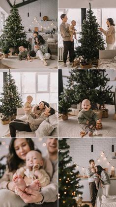 a collage of photos showing people decorating christmas trees with babys and adults