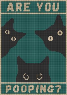 two black cats with the words are you poopings? on green and blue background