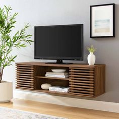 a flat screen tv sitting on top of a wooden entertainment center next to a potted plant