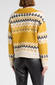 A classic Fair Isle pattern enhances the cozy style of a johnny-collar sweater knit in a slouchy, cropped silhouette. 22" length (size Small) Johnny collar Long sleeves 55% recycled polyester, 45% polyester Hand wash, dry flat Imported Winter Yellow Jacquard Knit Sweater, Yellow Jacquard Knit Sweater For Winter, Classic Yellow Sweater For Fall, Machine Knit, Johnny Collar, Cozy Style, Fair Isle Pattern, Fair Isle Sweater, Collar Sweater