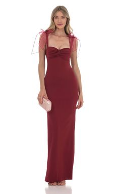 Shoulder Ties Maxi Dress in Maroon | LUCY IN THE SKY Maroon Semi Formal Dress, Burgundy Dress With Sleeves, Burgandy Wedding Guest Dress, Maroon Dresses Formal, Maroon Wedding Guest Dress, Sunday Best Wedding Attire Guest, Maroon Dress Formal, Dark Red Midi Dress, Maroon Evening Gown