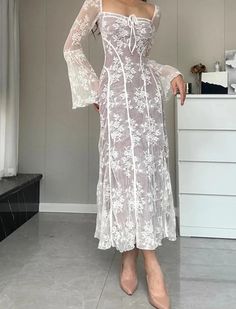 Printed Long Dresses, Midi Dress With Sleeves, Long Sleeve Maxi, Mua Sắm, White Midi Dress, Belleza Natural