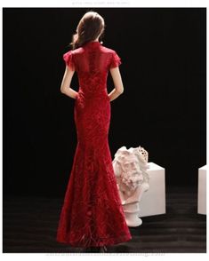 Traditional Chinese Dress Red Lace Prom Dress Qipao Wedding Dress, Qipao Wedding, Red Lace Prom Dress, Red Mermaid, Traditional Chinese Dress, Lace Prom Dress