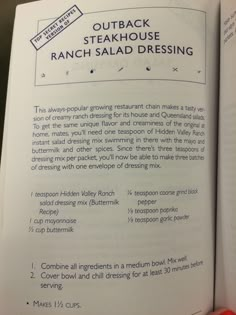 an open book with instructions for steakhouse ranch salad dressing