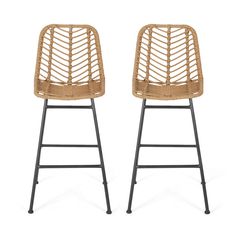 pair of rattan bar stools with metal legs