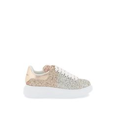 Oversize Sneakers By Alexander Mcqueen With Dgrad Glitter Embellished Upper And Laminated Nappa Leather Spoiler, Which Features Contrasting Printed Lettering Logo. Silver-Tone Metal Eyelets, Laminated Nappa Leather Trims, Leather Interior, Removable Insole, Rubber Sole. Supplied With Spare Laces. Materal: 70%Pe 30%Co. Made In: Italy. Color: Gold. Collection: Fall - Winter 2023. Sku: 755624 W4wr1. Heel Height: 4 Cm. Modecraze Is An Online Platform That Offers The Best Designer Products From Europ Luxury Embellished Lace-up Sneakers, Gold Embellished Lace-up Sneakers, Gold Embellished Sneakers With Round Toe, Embellished Gold Sneakers With Round Toe, Gold Embellished Round Toe Sneakers, Alexander Mcqueen Sneakers Red, Alexander Mcqueen Sneakers Black, Alexander Mcqueen Boots, Shoes Alexander Mcqueen