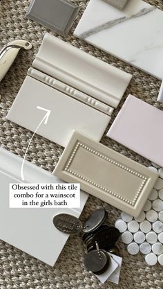 various types of tile and accessories laid out on the floor with text describing how to use them