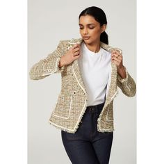 Brown multicolor tweed (50% Cotton, 18% Viscose, 13%, 10% Nylon, 5% Polyester, 3% Acrylic, 1% Metallised Polyester). Jacket. Long sleeves. Front button closure. Fully lined. Pockets. 24" from shoulder to hemline. Imported. Spring Beige Tweed Blazer, Fitted Tweed Outerwear For Spring, Spring Beige Tweed Outerwear, Spring Tweed Blazer For Office, Spring Tweed Workwear Outerwear, Spring Tweed Outerwear For Work, Spring Tweed Jacket For Workwear, Spring Tweed Jacket For Work, Polyester Jacket