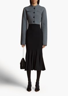 A structured knit jacket made in Italy of compact, substantial Merino wool composed of extremely fine yarns. Faux pockets. Domed leather buttons. Crop Outerwear, Cashmere Jacket, Long Sleeve Outerwear, Queen Dress, Wool Blend Jacket, Long Sweater, Fine Yarn, Cropped Jacket, Fall Shopping