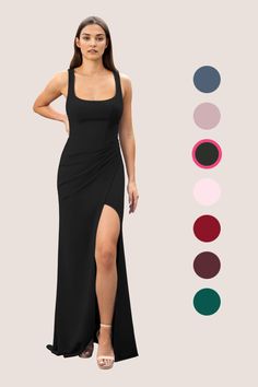 a woman in a long black dress standing next to color swatches and wearing sandals