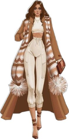 a drawing of a woman in white pants and jacket with pom - poms