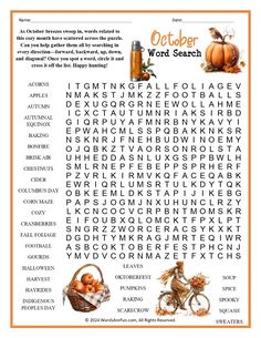 an orange and white word search for october