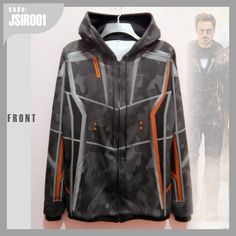 the jacket is designed to look like it has an orange and grey design on it