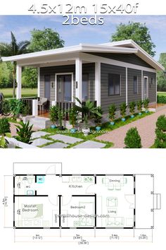 the floor plan for a small house with 2 beds and an attached porch, is shown in