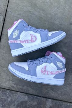 Custom Air Jordans with pink sock lining and pink Dior swooshes for a stylish, luxe look. Perfect for making a fashion statement! Click to order your custom pair. #CustomSneakers #AirJordans #Dior