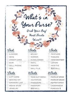 the what's in your purse? printable is shown on a white background