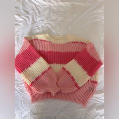 Shein Never Worn One Size Pink Knit Sweater, Spring Striped Chunky Knit Sweater, One Size Pink Acrylic Sweater, Casual One-size Pink Sweater, One Size Pink Soft Knit Sweater, Pink Textured Knit Acrylic Sweater, Casual Pink One-size Sweater, Pink Hand-knitted Acrylic Sweater, Casual Pink Heart-shaped Sweater