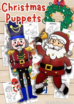 christmas puppets with pictures of santa claus and other holiday items in front of them on a wooden background