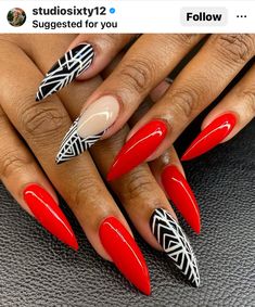 Split Nail Designs, Red And Tan Nails, Two Different Nail Colors On Each Hand, Vibrant Nail Designs, Human Creation, Red Pedicure, Nail Decor, Sassy Nails, Diva Nails