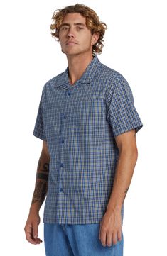 Go casual in this plaid short-sleeve button-up shirt constructed from breathable cotton for maximum comfort. Front button closure Notched collar Short sleeves Chest patch pocket 100% cotton Machine wash, tumble dry Imported Casual Plaid Short Sleeve Shirt With Button Closure, Plaid Camp Collar Tops With Relaxed Fit, Plaid Relaxed Fit Short Sleeve Button-up Shirt, Relaxed Fit Plaid Short Sleeve Button-up Shirt, Plaid Short Sleeve Camp Shirt With Relaxed Fit, Plaid Relaxed Fit Camp Shirt For Summer, Relaxed Fit Plaid Camp Shirt For Summer, Summer Plaid Camp Shirt With Camp Collar, Plaid Camp Collar Shirt For Summer