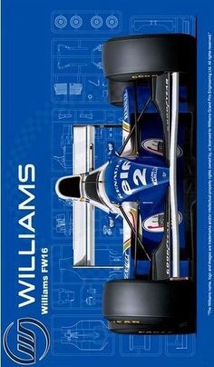 the williams indy car is shown in this blueprint poster, with an image of it's driver