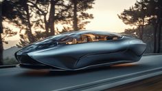 the futuristic car is driving down the road in front of some trees and water at sunset