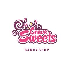 candy shop logo with the words crave sweets in pink and purple letters on a white background