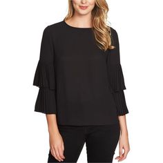 Elevate Your Casual Style With The 1.State Women's Tiered-Sleeve Knit Blousea Perfect Blend Of Simplicity And Elegance. Crafted From 100% Polyester, This Medium-Weight Knit Blouse Offers Both Opaqueness And Style.The Tiered Pleated Three-Quarter Sleeves Create A Unique And Fashionable Silhouette, While The Button And Loop Closure At The Back Adds A Touch Of Sophistication. With A Crew Neckline, This Blouse Is Perfect For Casual Outings And Gatherings. Made In China, This New Piece Is More Than J Chic Viscose Tops For Business Casual, Fitted Tops With Pleated Sleeves For Fall, Spring Office Tops With Pleated Sleeves, Casual Viscose Tops For Office, Casual Viscose Blouse For Office, Casual Office Blouse In Viscose, Casual Workwear Blouse With Pleated Sleeves, Elegant Black Blouse With Crew Neck, Black Blouse For Workwear In Fall