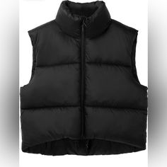 Women’s Black Cropped Puffer Vest Sleeveless Drawstring On Bottom Black Puffer Vest For Spring, Trendy Black Puffer Vest, Trendy Black Sleeveless Outerwear, Sporty Black Sleeveless Outerwear, Sporty Black Vest For Spring, Black Puffer Vest For Winter, Black Puffer Vest For Outdoor, Trendy Black Vest Outerwear, Trendy Black Outerwear Vest