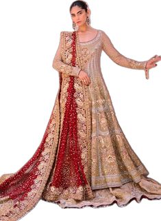 Pakistani Bridal Dress in Golden Lehenga Gown Style Designer Embroidered Anarkali Wedding Dress, Festive Designer Anarkali Wedding Dress, Anarkali Embroidered Floor-length Wedding Dress, Embroidered Floor-length Wedding Dress For Eid, Bollywood Style Designer Wedding Dress With Intricate Embroidery, Semi-stitched Long Gown With Intricate Embroidery, Designer Anarkali Wedding Dress With Traditional Drape, Traditional Wedding Dress With Designer Wear And Traditional Drape, Traditional Floor-length Gown For Ceremonies